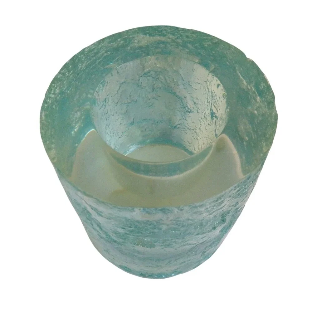 Vintage JI&O Aqua Ice Textured Glass Tealight Candle Holder